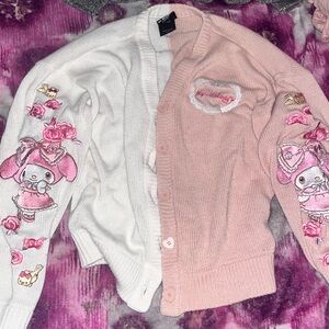 Hot Topic Pink and White Cardigan with Embroidered Characters
